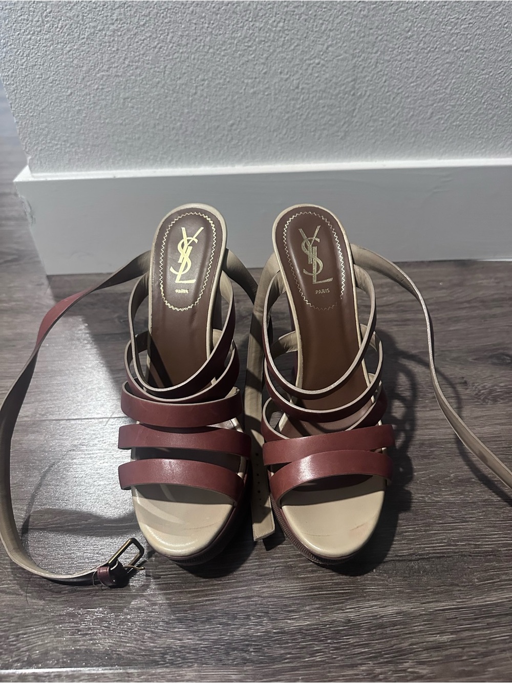 Yves Saint Laurent Two-Tone Brown and Beige Strappy Heeled Sandals